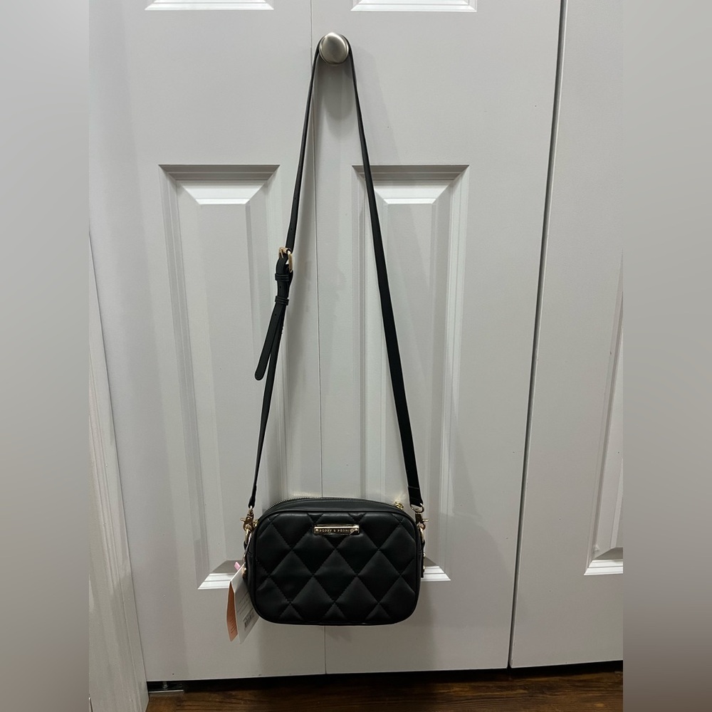 Poppy & Peonies Black Quilted Crossbody Bag